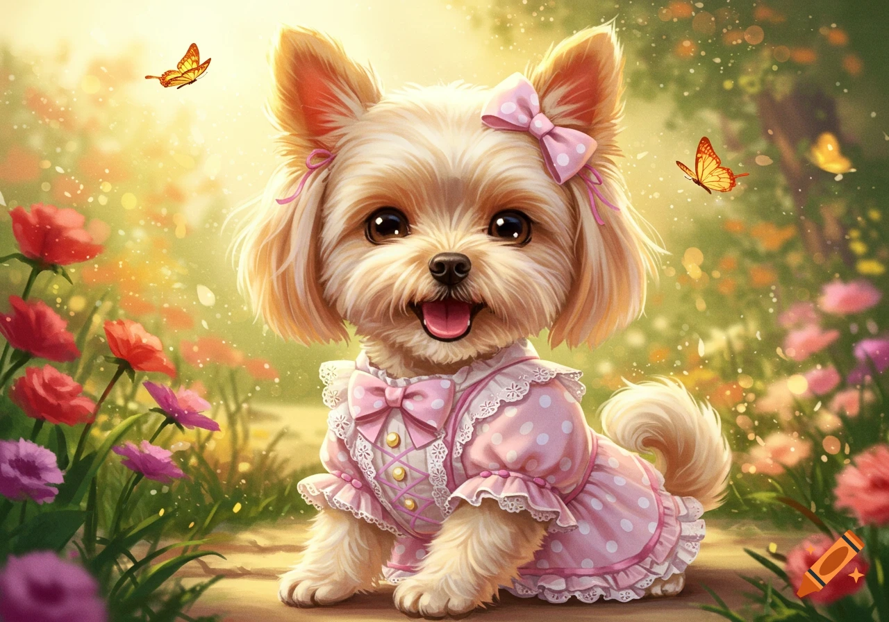 A cute fluffy puppy wearing a pink polka dot dress and matching bow, sitting in a vibrant, sunlit garden with butterflies.