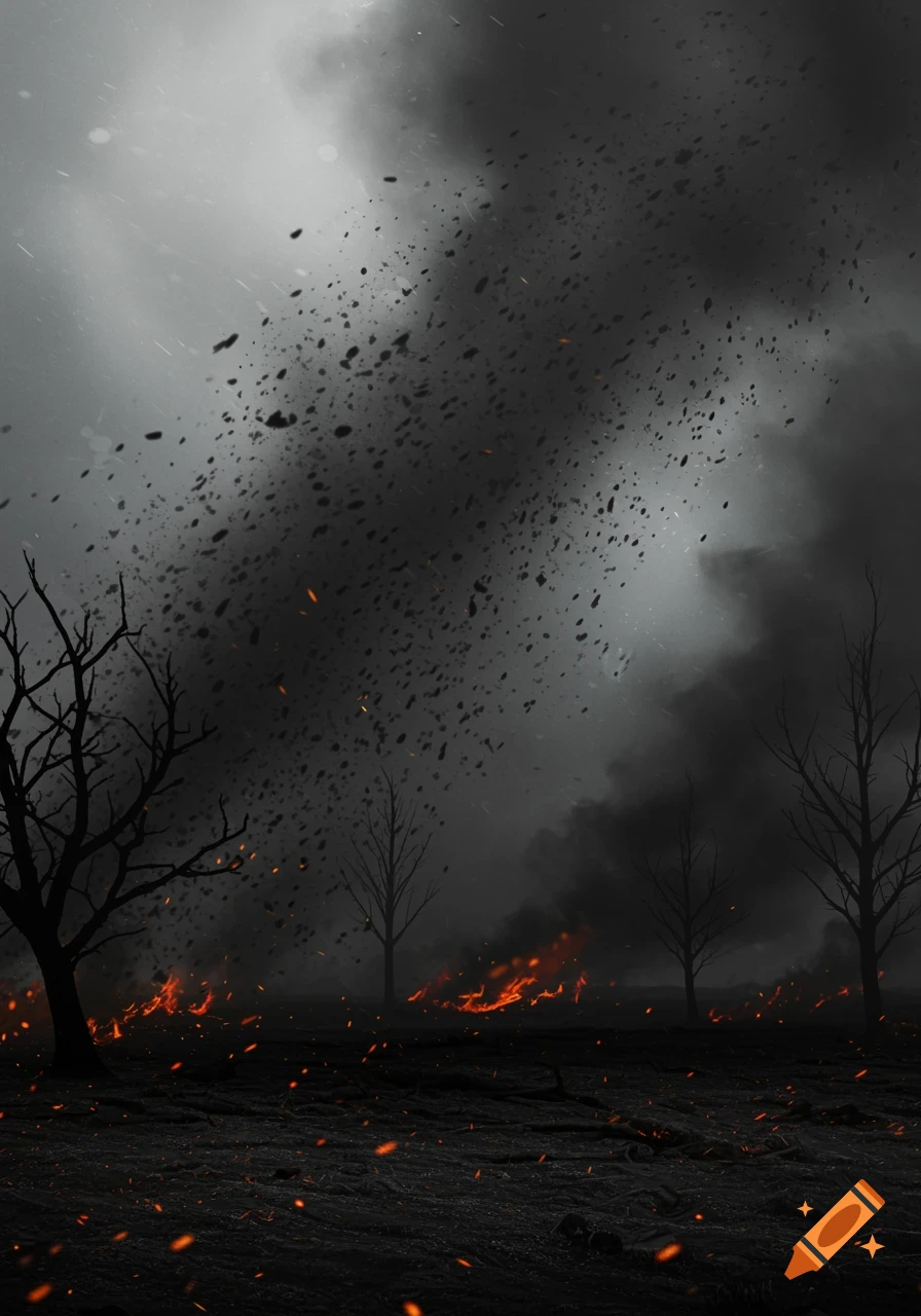 Desolate landscape with bare trees, fires, and falling black ash under a stormy sky.