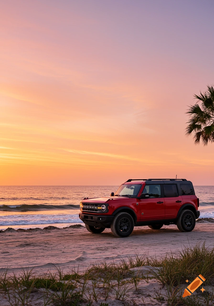 Red Ford Bronco Sport SUV on a sandy beach during a vibrant sunrise with ocean waves and a palm tree.