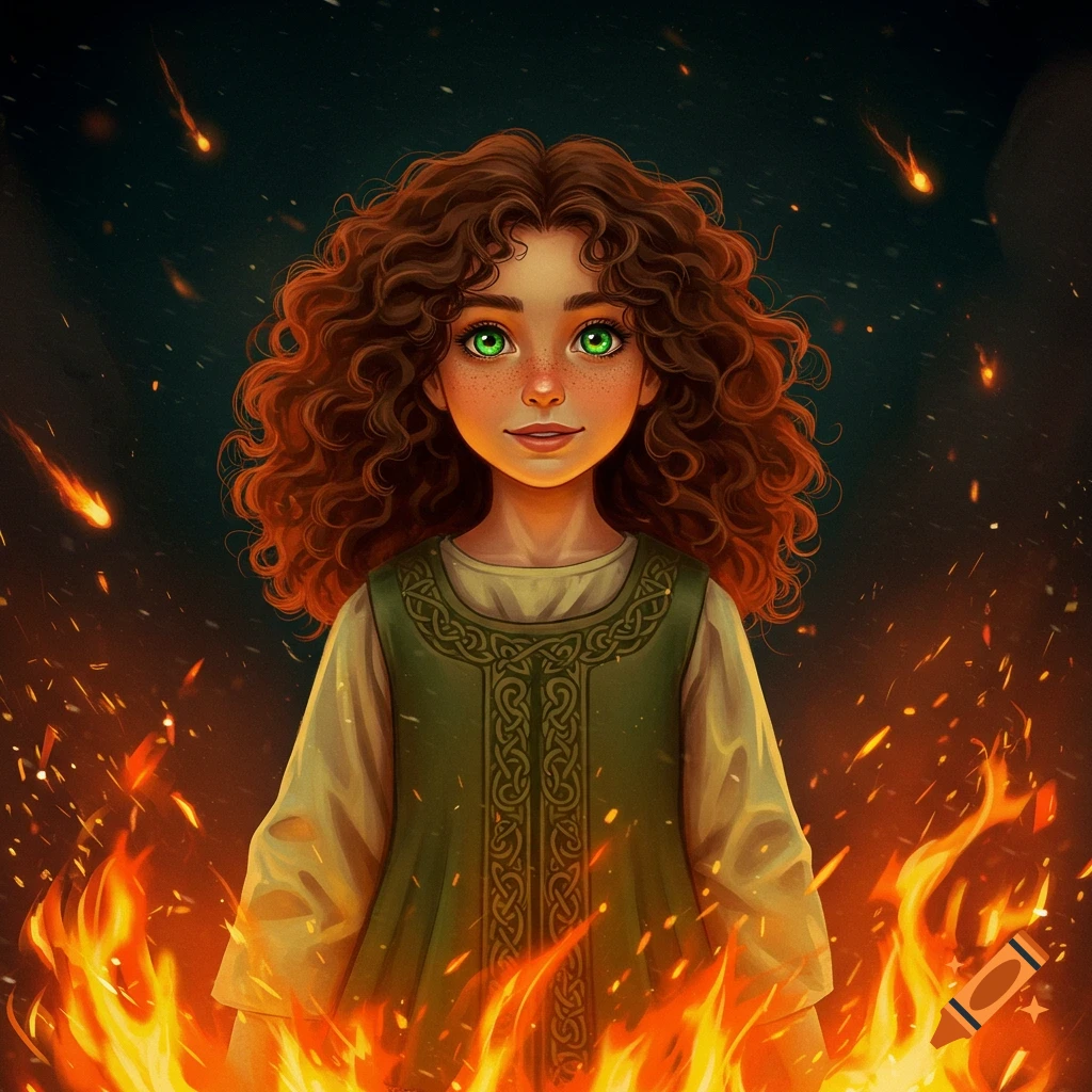 A stylized illustration of a young girl with red curly hair and green eyes, smiling while standing amidst flames.