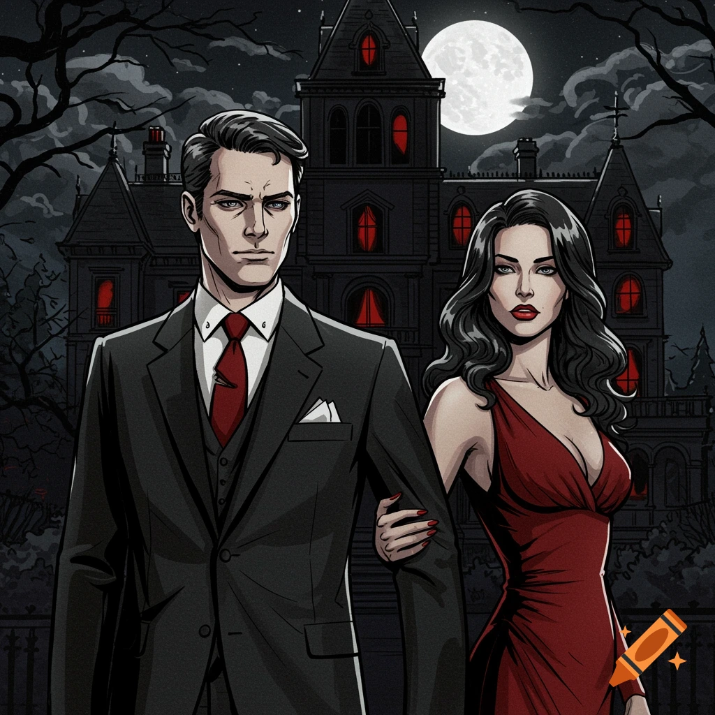 A man in a suit and a woman in a red dress stand in front of a Victorian mansion under a full moon at night, in a film noir illustration style.
