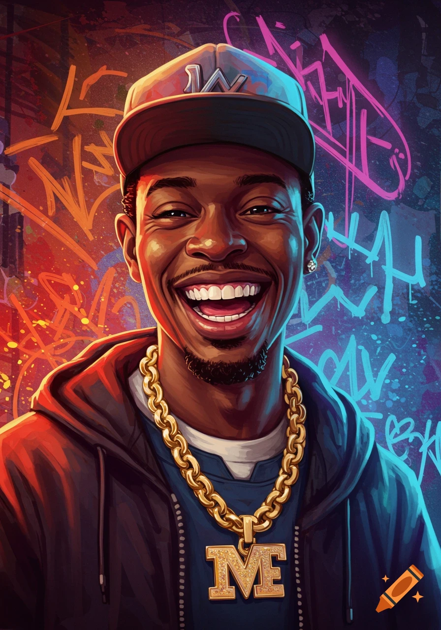 A smiling Black man in a baseball cap and large gold chain with an M&E pendant, against a vibrant, abstract graffiti background.