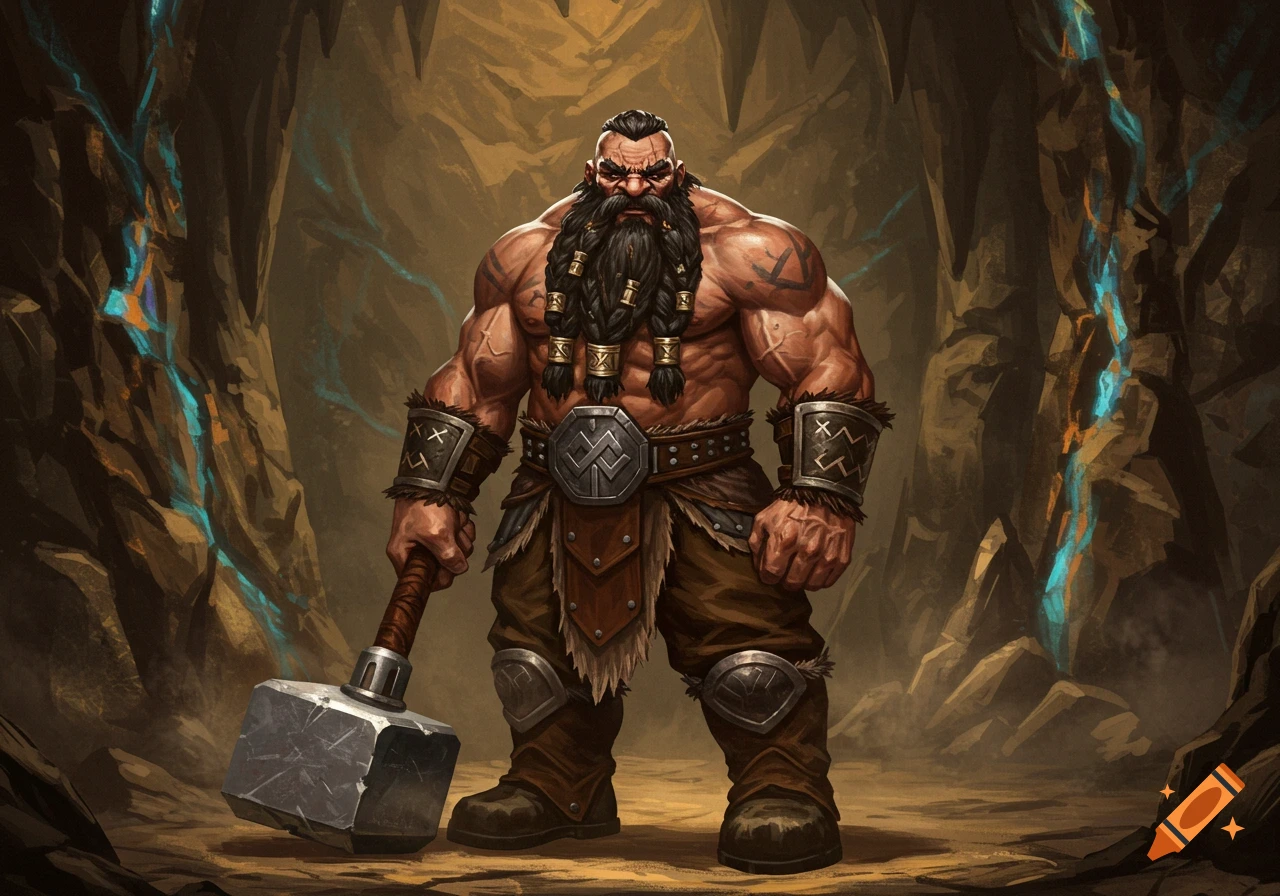 A strong, bare-chested dwarf barbarian with a braided beard and tattoos stands in a cave, holding a large maul.