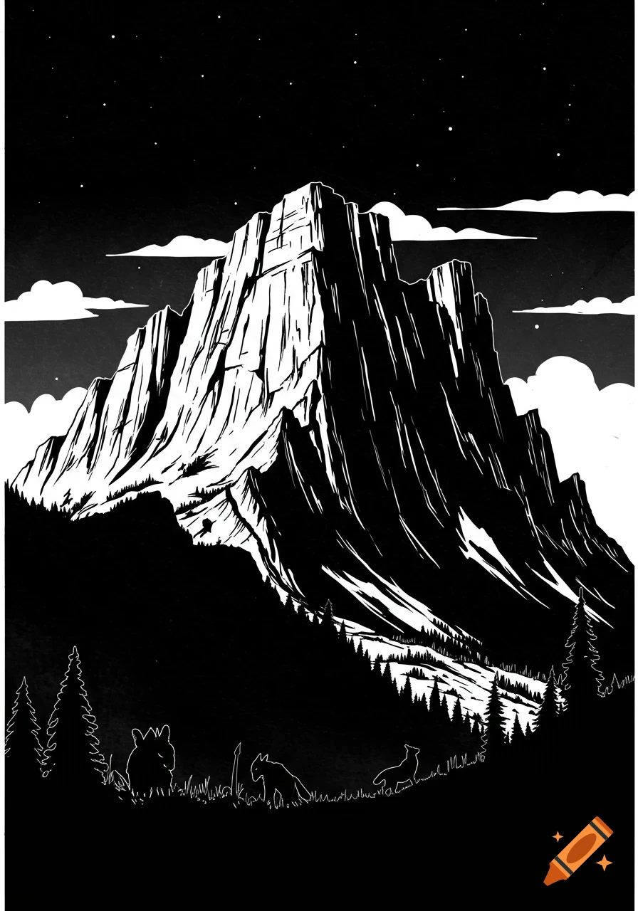 Black and white silhouette illustration of a majestic mountain under a starry night sky, with forests and wild animals in the foreground.