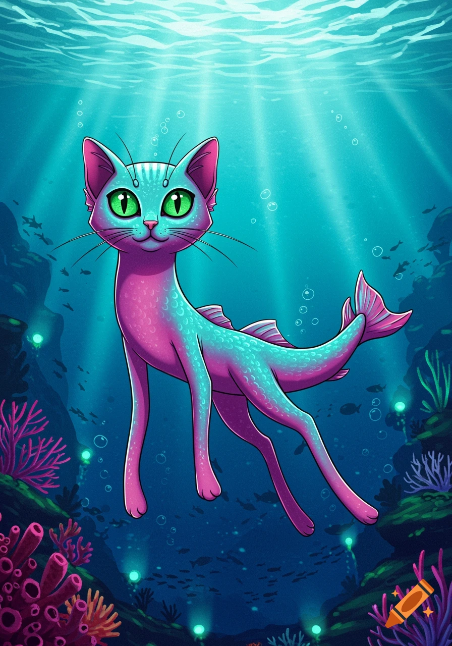 A colorful cartoon cat-like creature with a pink and blue fish body, tail, and slim cat legs swims underwater among coral and fish.