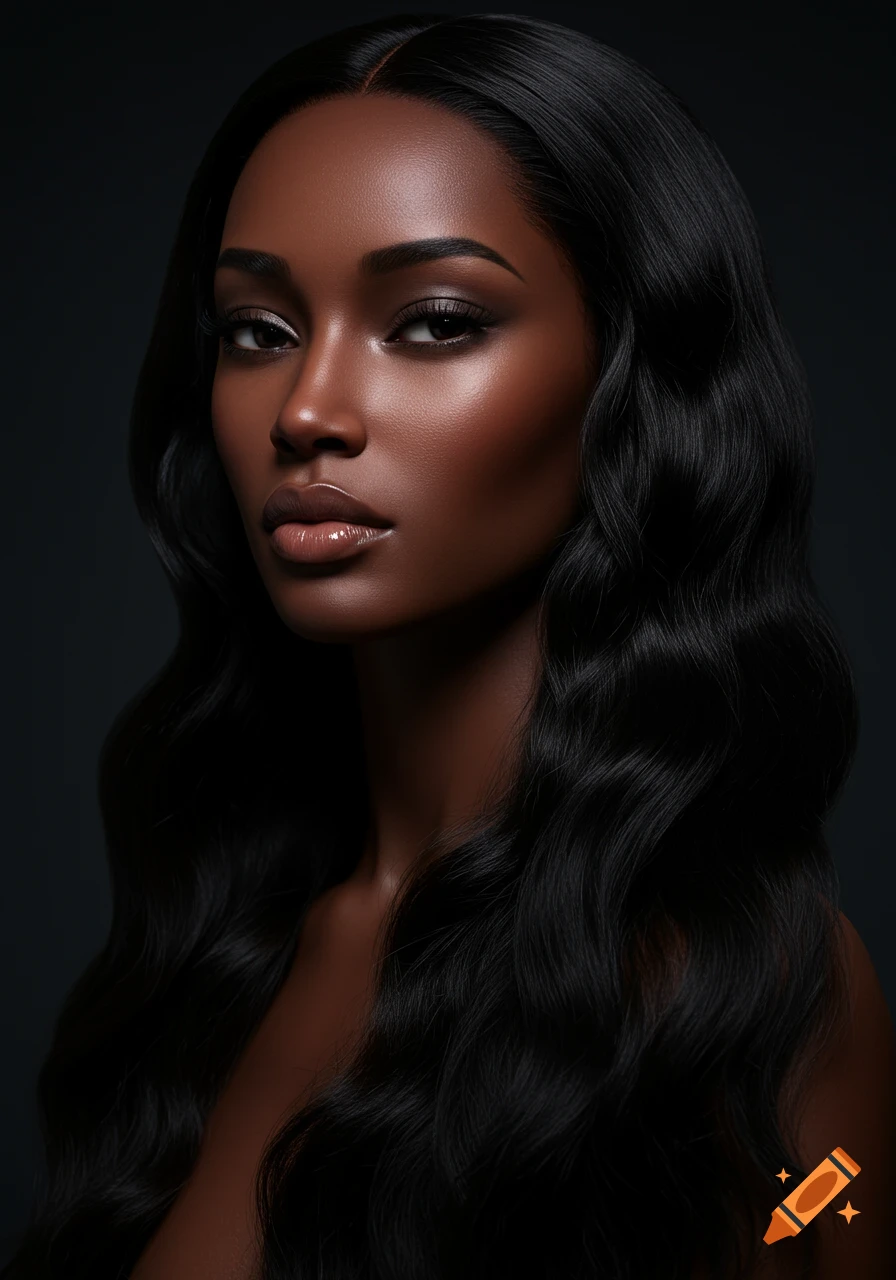 Photorealistic portrait of a woman with deep brown skin, long black wavy hair, and soft glam makeup against a dark charcoal background.