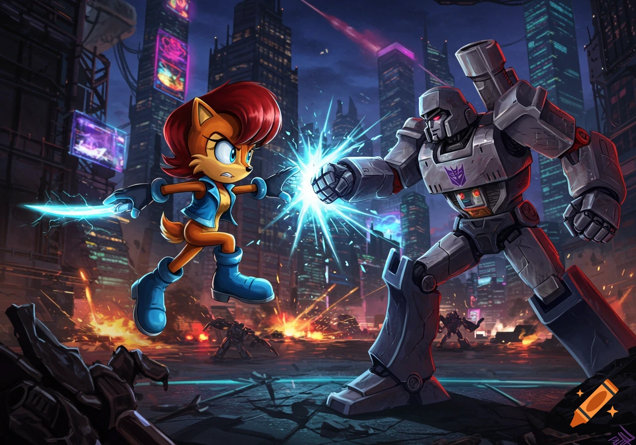 Sally Acorn from Sonic the Hedgehog, wielding a blue energy blade, fights Megatron from Transformers in a futuristic city at night, with explosions in the background.