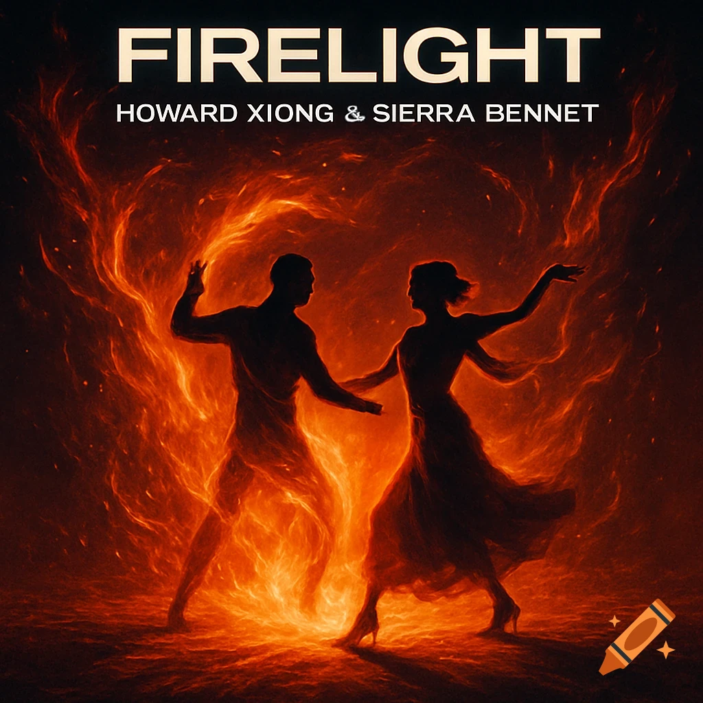 A silhouetted man and woman dance amid vibrant orange and red flames on a dark background, with 'FIRELIGHT' and artist names at the top.