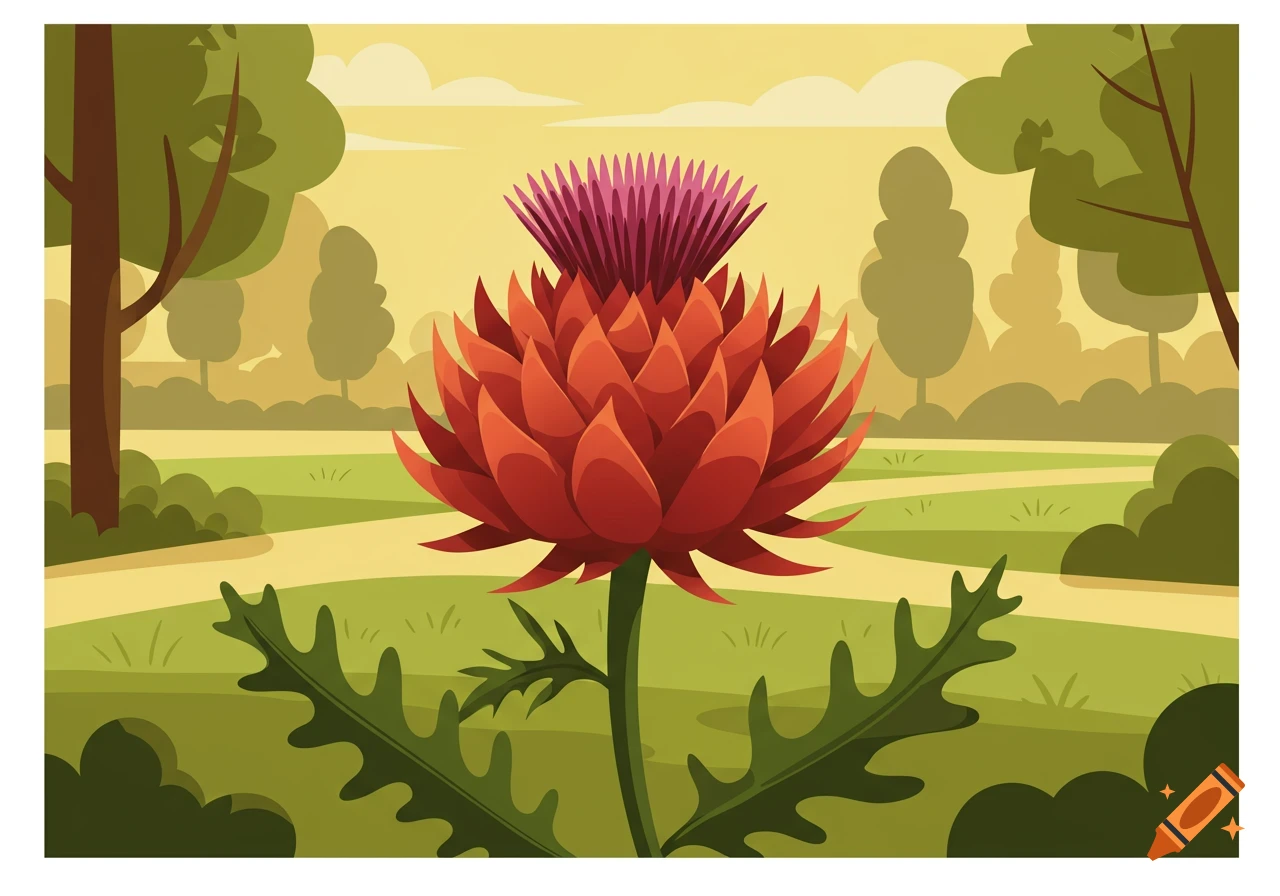 A vibrant red and purple thistle in full bloom stands in a sunlit park with green trees and paths, illustration style.