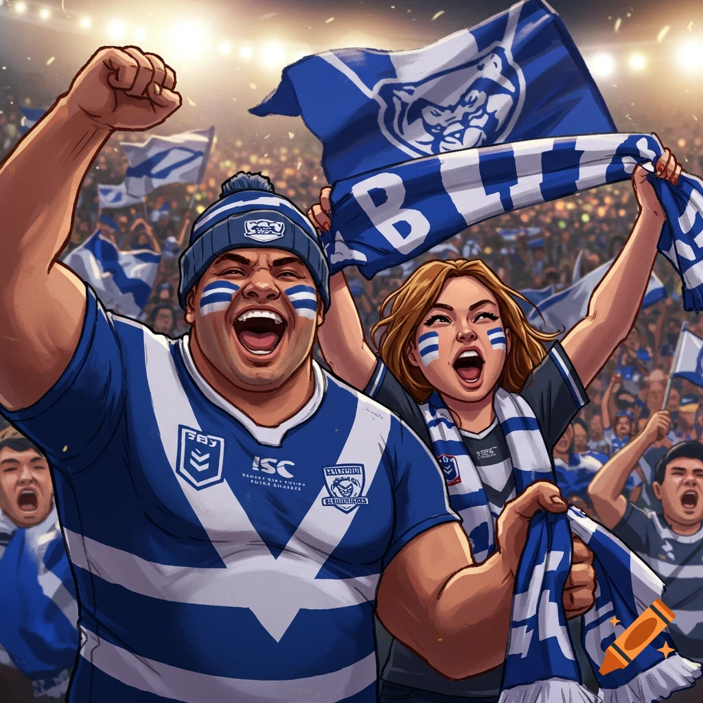 Two excited Canterbury Bulldogs supporters, a male and female, cheer loudly in a packed stadium. The man wears a blue and white striped jersey and beanie, the woman a blue and white scarf.