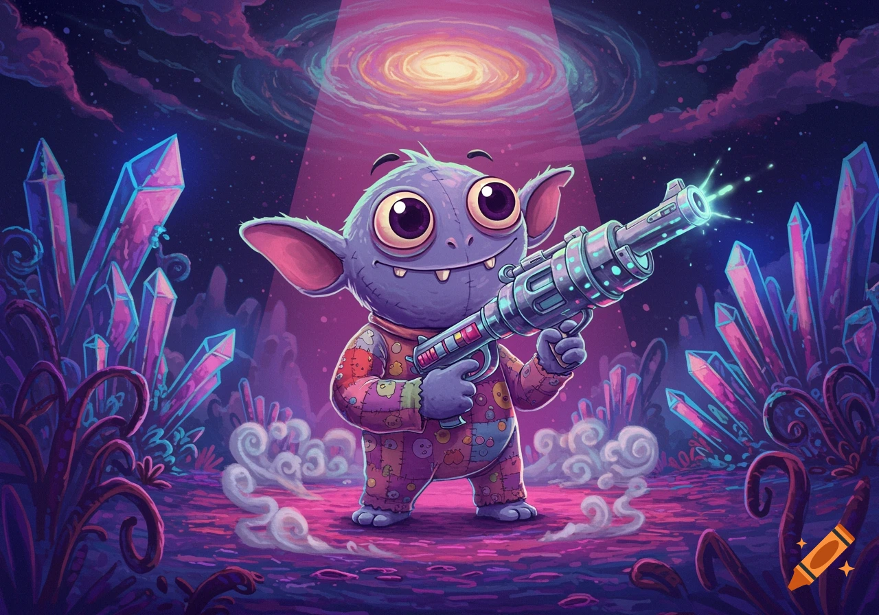 A cute, purple, big-eyed alien creature in a patched suit holds a glowing sci-fi gun on a pink alien planet with large crystals and a swirling galaxy.