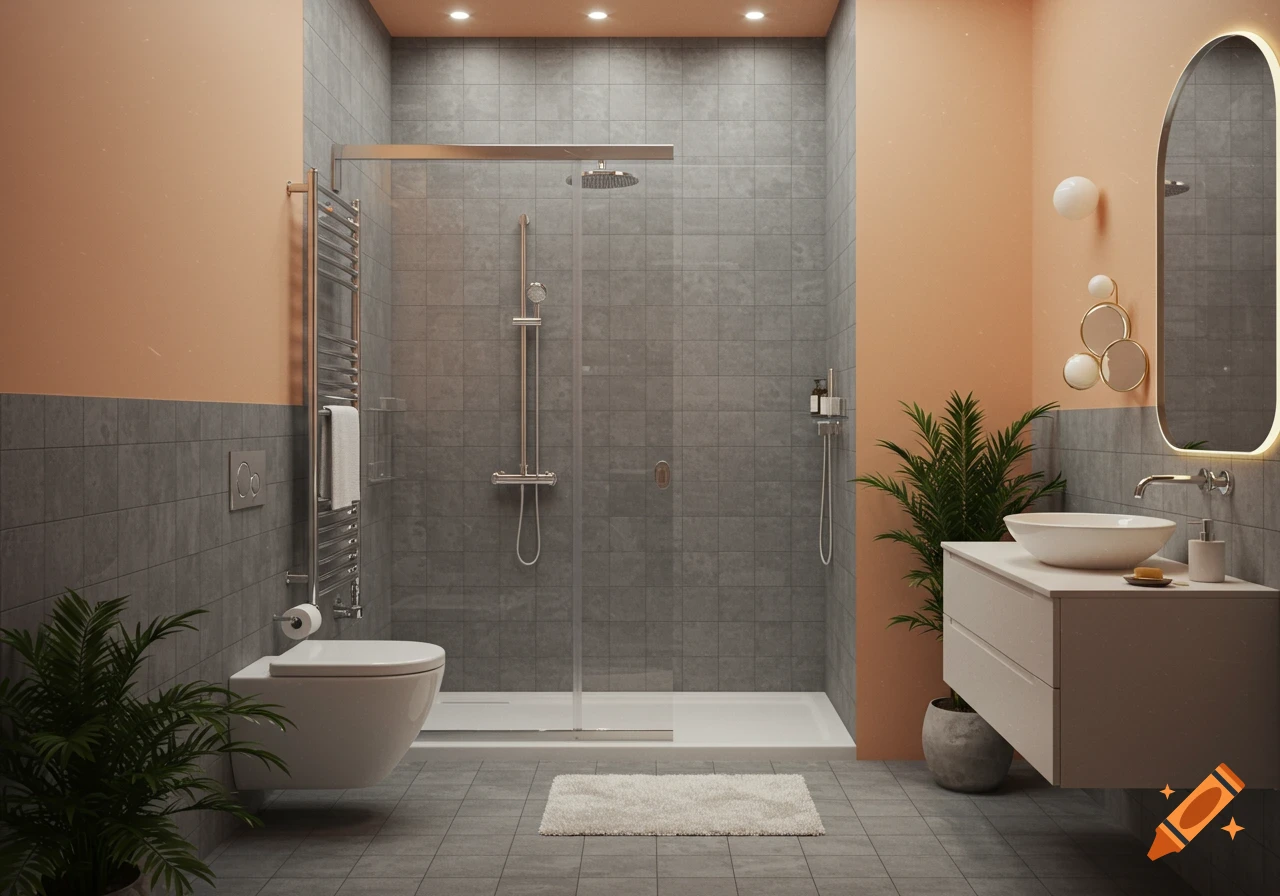 Photorealistic modern bathroom with gray tiles, light orange walls, walk-in shower, toilet, and sink vanity.