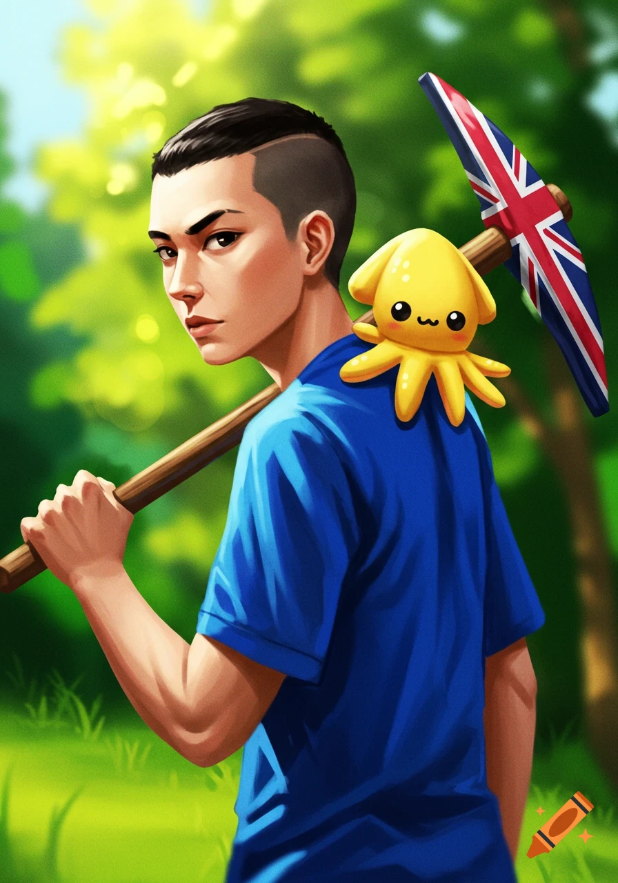 A person with a buzz cut and blue shirt carries a pickaxe with a UK flag design and a yellow plush squid on their shoulder, in a stylized outdoor setting.