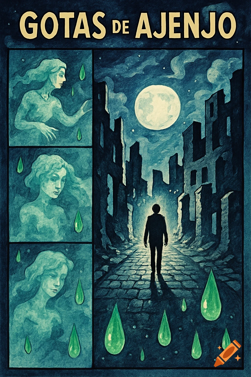 Stylized comic illustration with a man walking in a ruined city under a moon and panels of an ethereal woman with green drops. Title 'GOTAS DE AJENJO'.