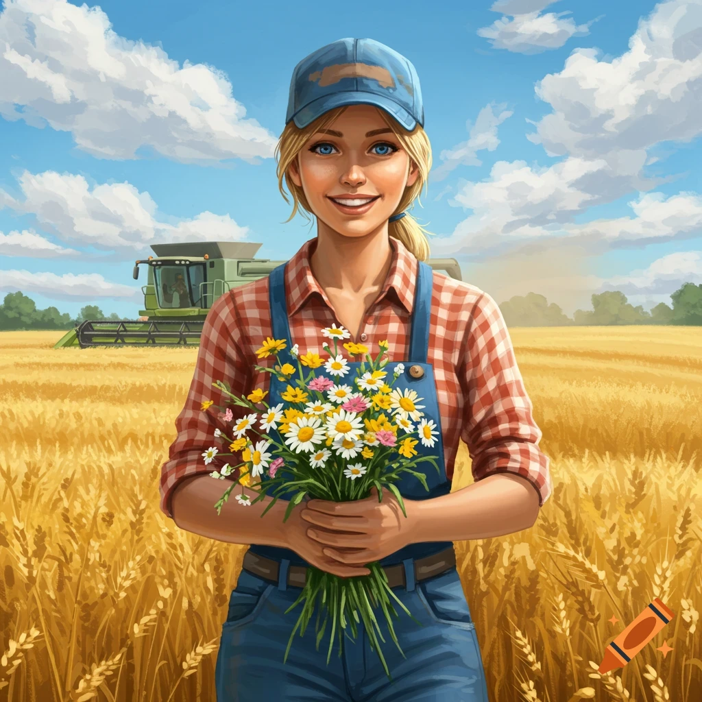 A smiling blonde woman in a plaid shirt and overalls holds wildflowers in a wheat field with a combine harvester in the background.