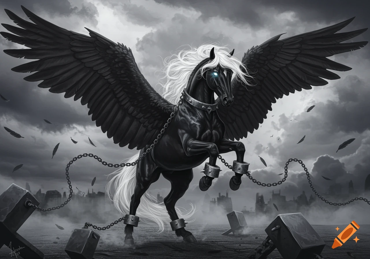 A dark winged Pegasus with a white mane and glowing blue eyes, restrained by chains and metal blocks, against a cloudy, stormy sky with falling feathers.