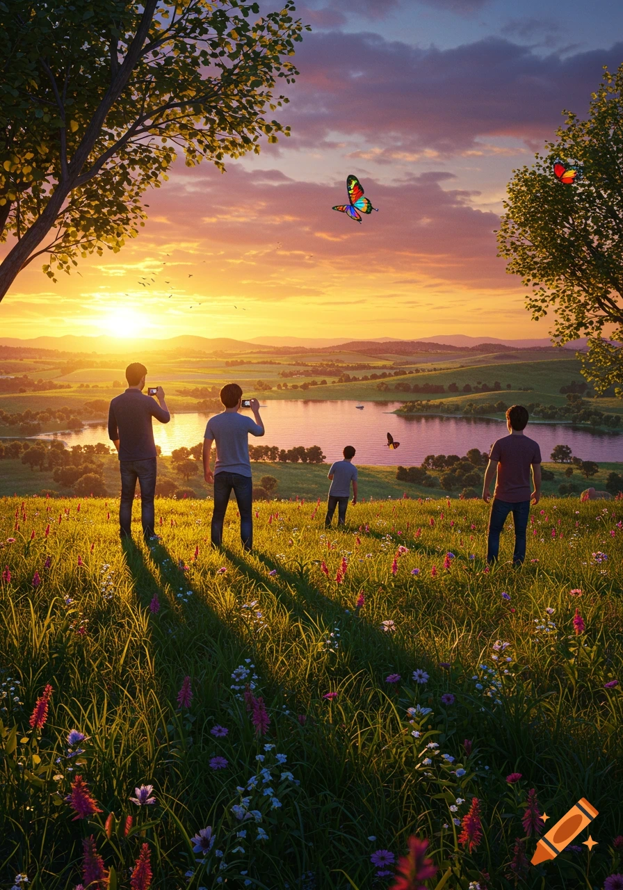Four men stand in a flower-filled field at sunset, looking out over a lake and distant hills with butterflies in the sky.