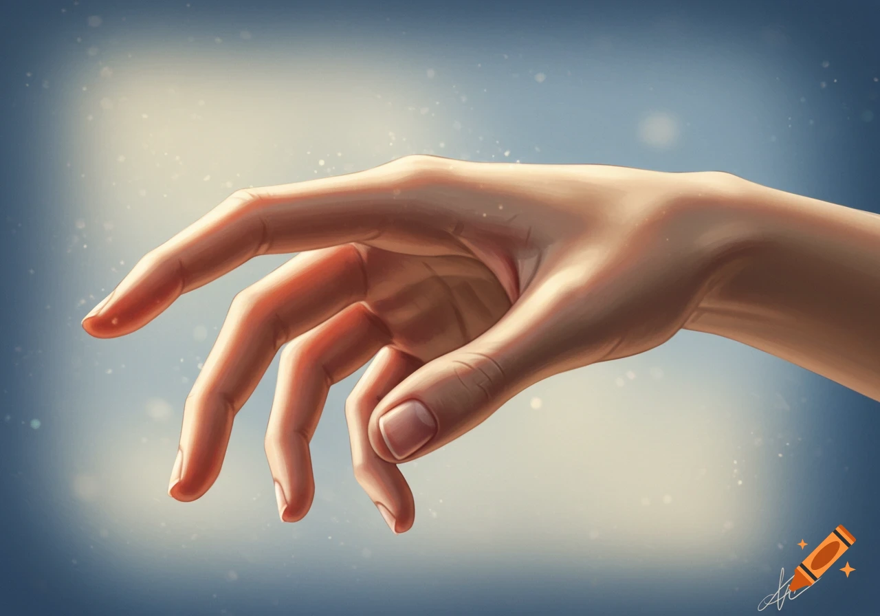 A stylized illustration of a hand reaching out against a blurry light blue and yellow background with faint light specks.