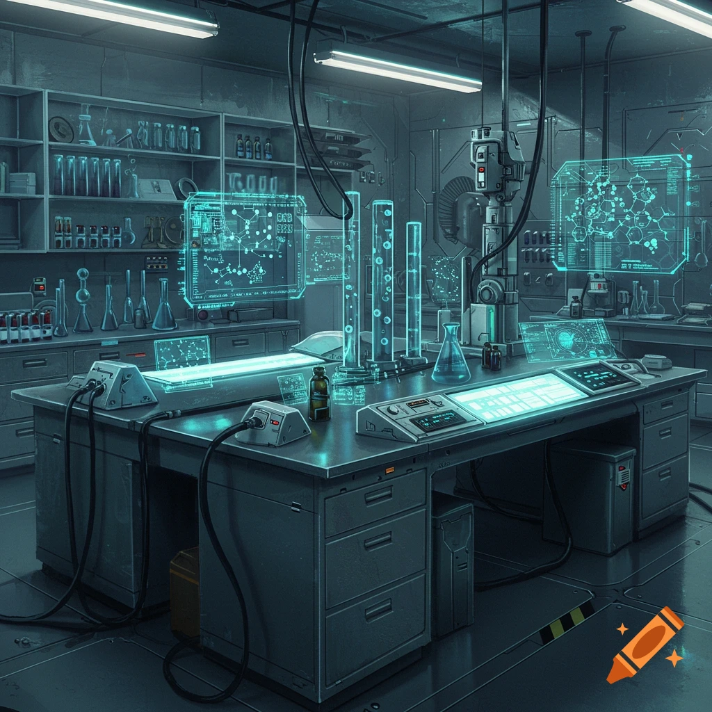 A dark, futuristic science laboratory with glowing holographic displays, beakers, and lab equipment on metal tables.