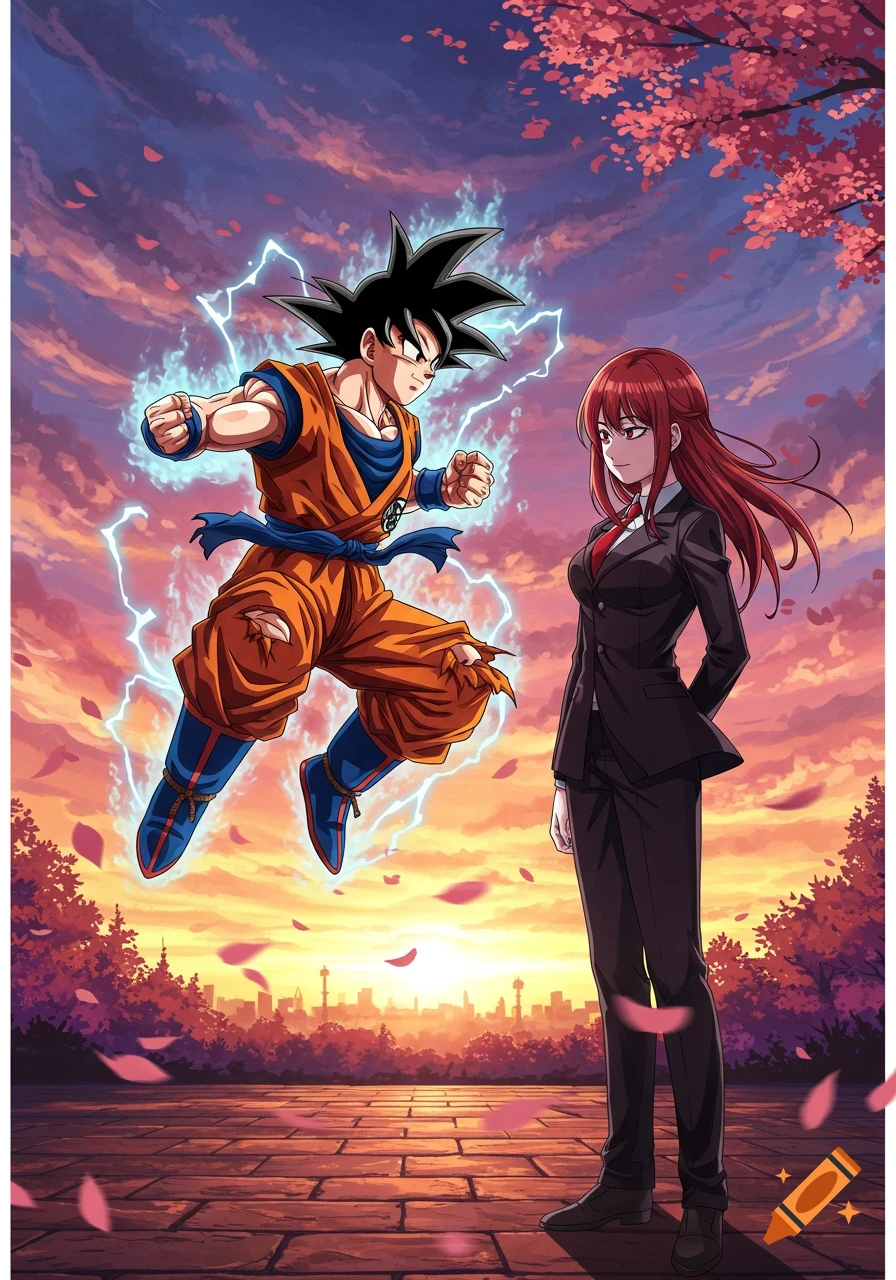 Goku, glowing with blue energy, faces Makima in a suit under a sunset sky with pink cherry blossoms. Anime style.