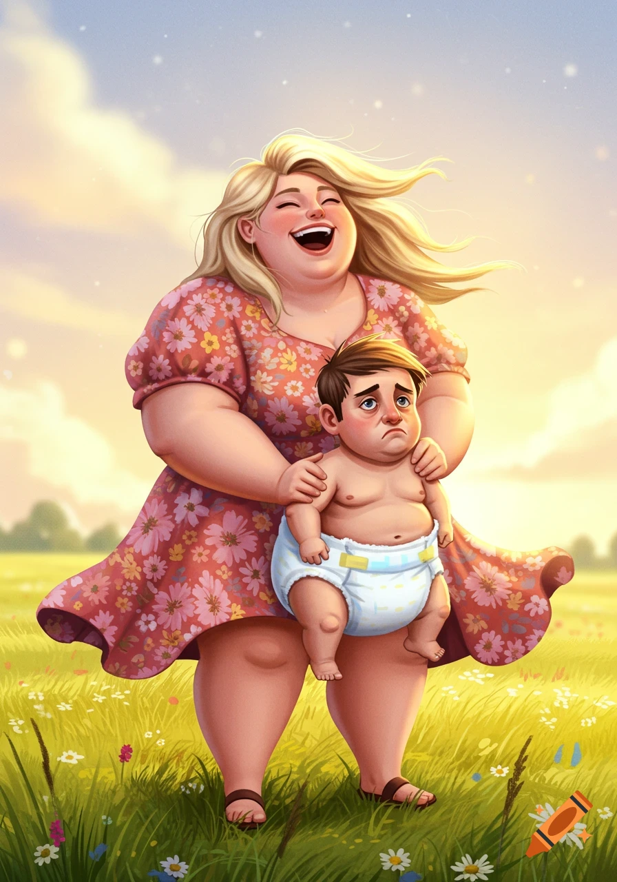 A happy, plump cartoon woman in a floral dress holds a sad, diaper-clad man in a sunny field.