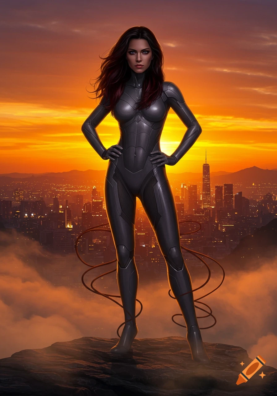 A heroic female figure in a dark, form-fitting suit stands on a cliff overlooking a city at sunset.