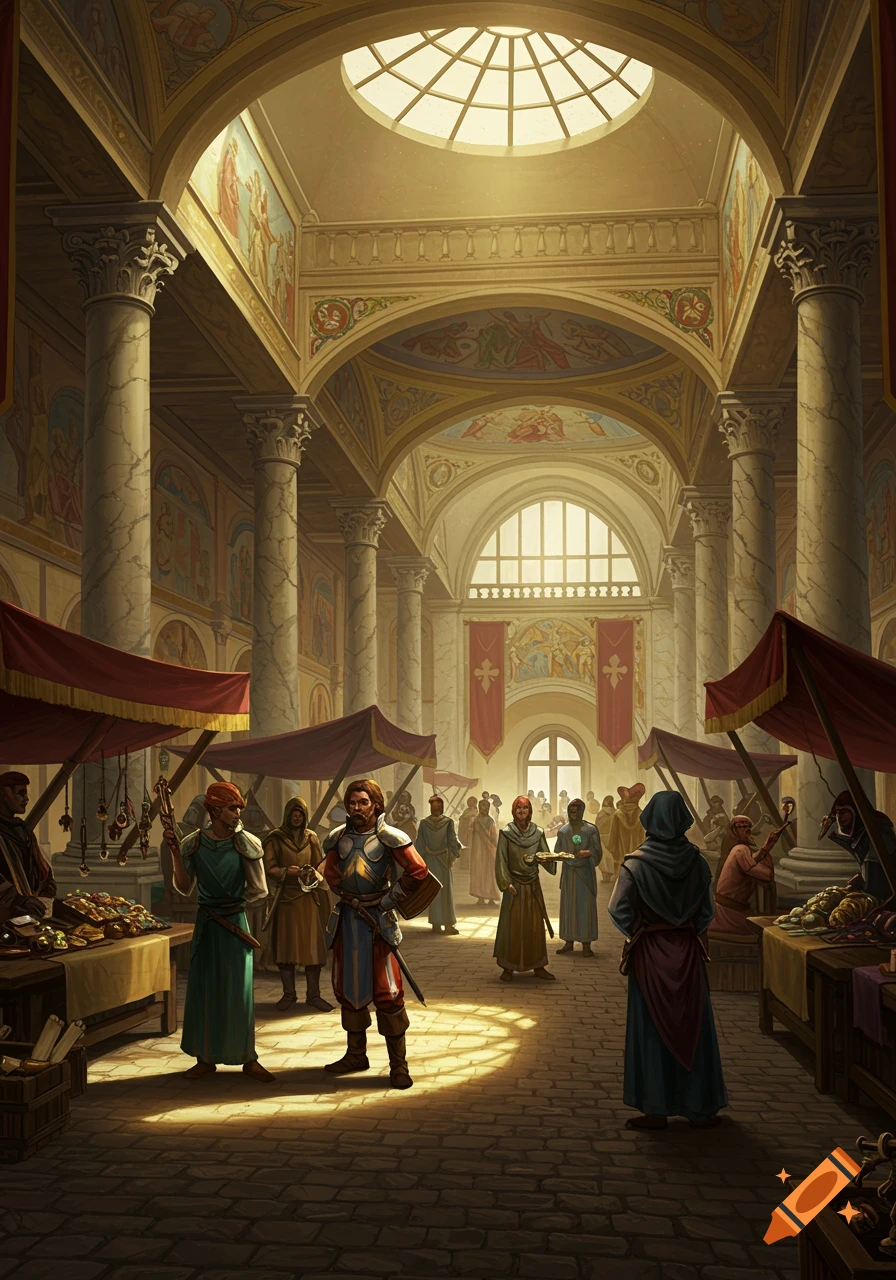 A grand, renaissance-style indoor market bustling with figures in medieval attire, bathed in light from a central oculus.