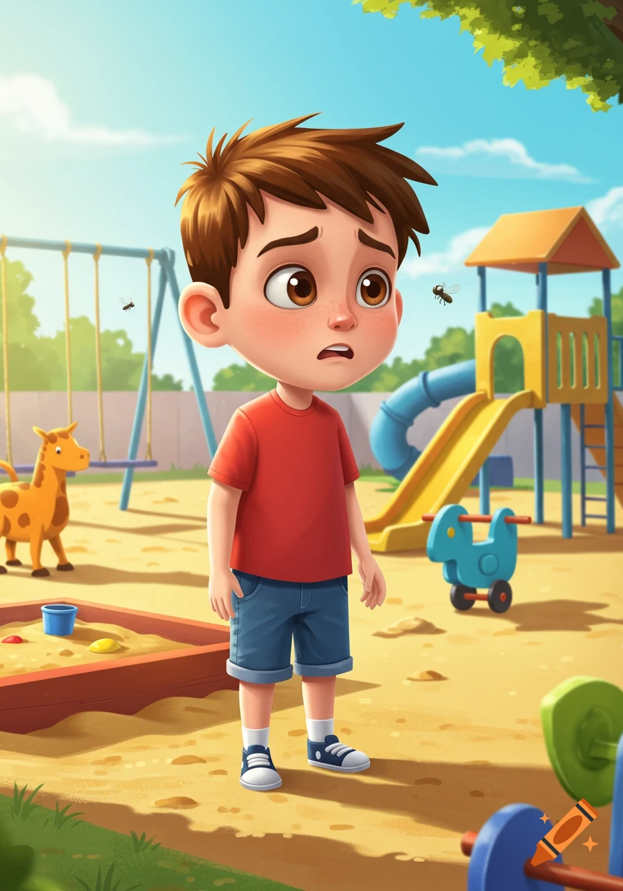 A worried cartoon boy stands on a sandy playground looking at a fly, with slides and swings in the background.