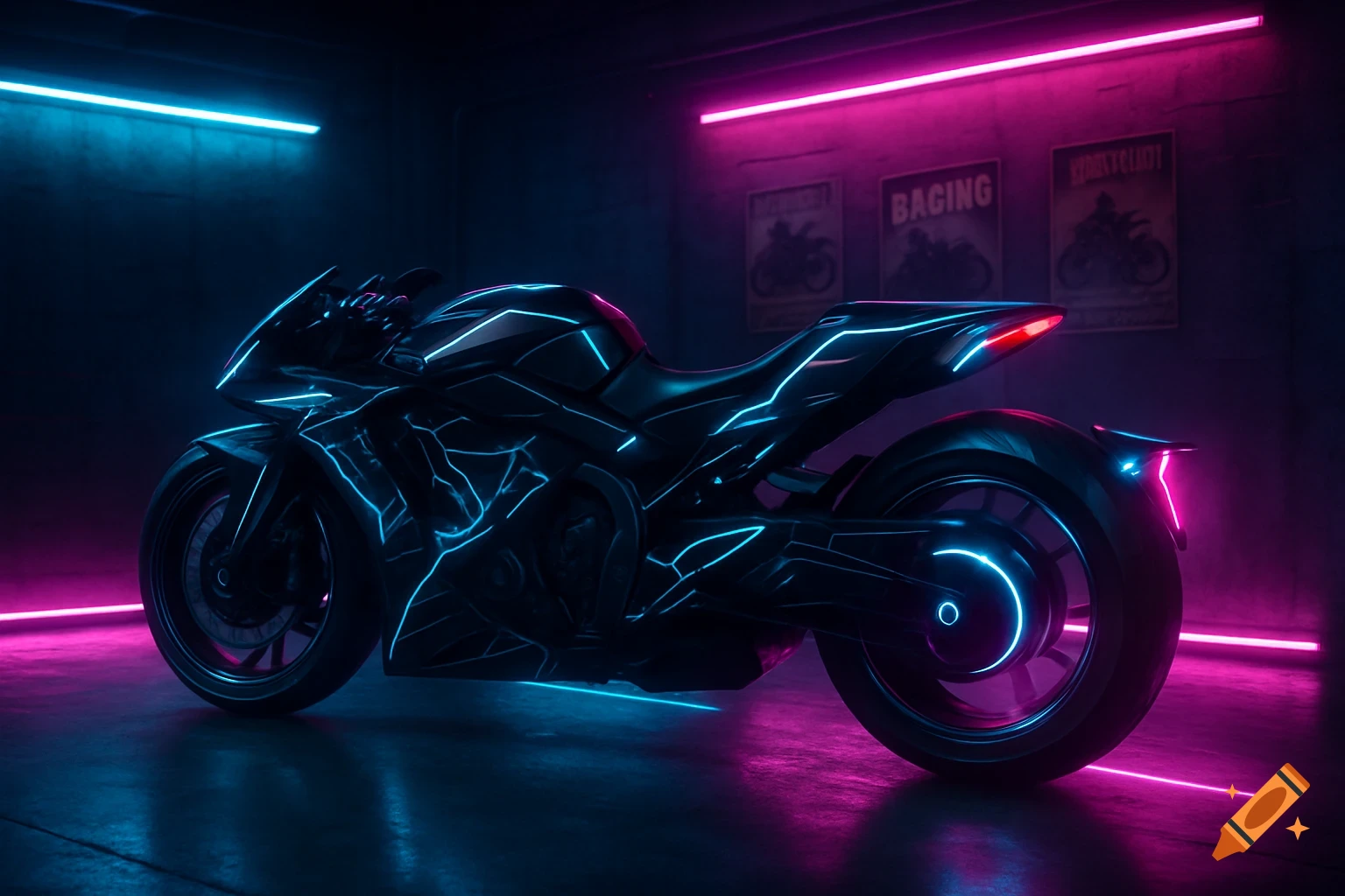 A futuristic neon motorcycle with glowing blue lines in a dark garage illuminated by pink and blue lights.