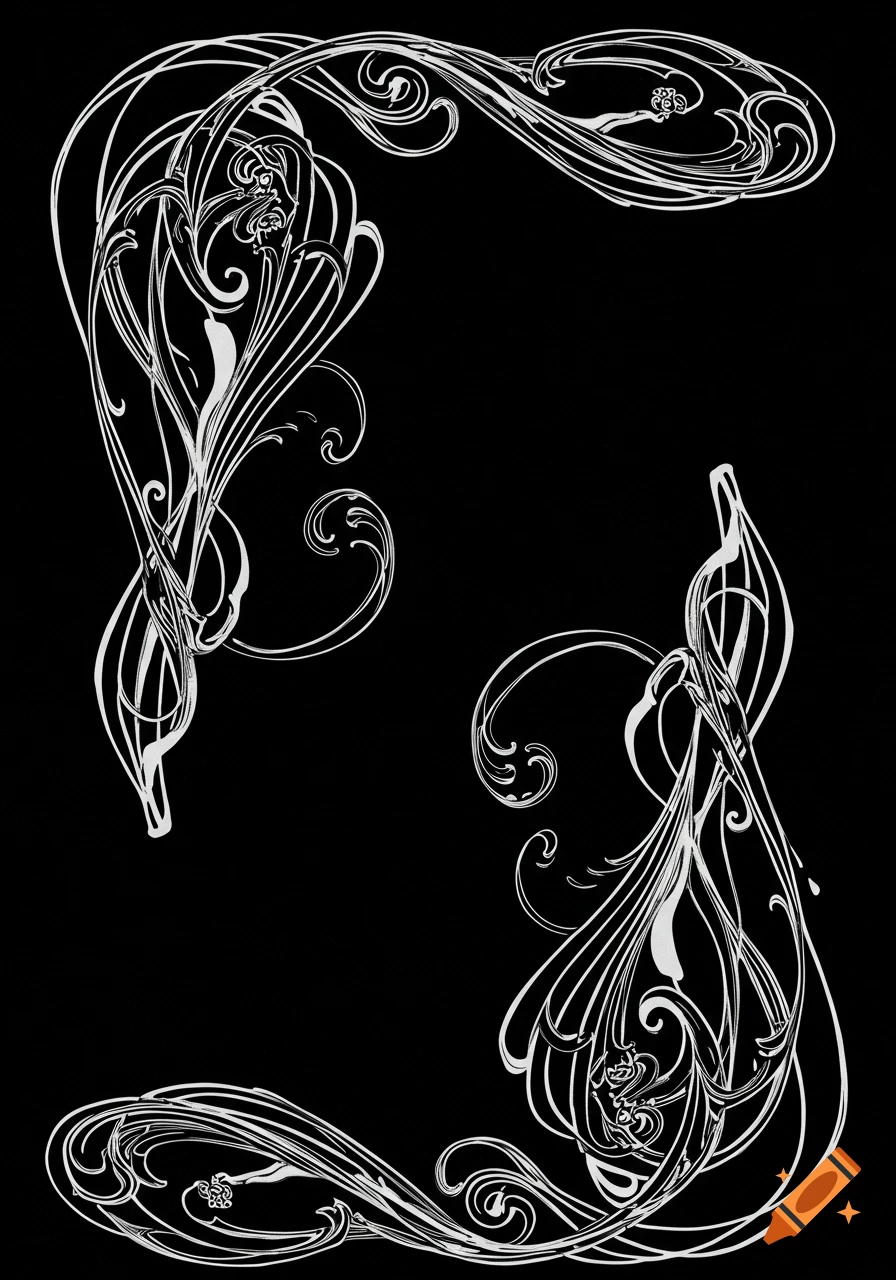 White Art Nouveau swirling decorative borders on a black background.