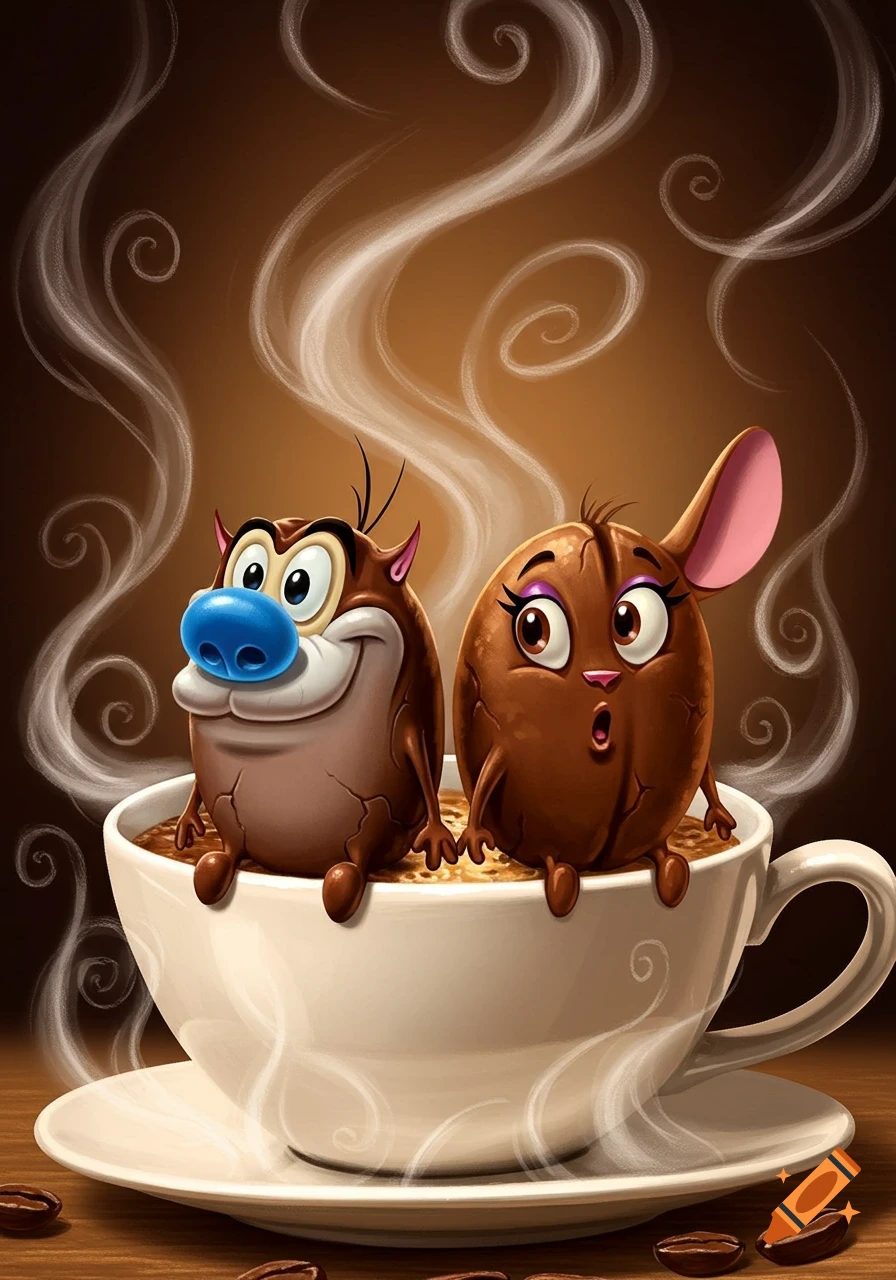 Two cartoon coffee bean characters, resembling Ren and Stimpy, sit in a steaming white coffee cup on a wooden surface with scattered coffee beans.