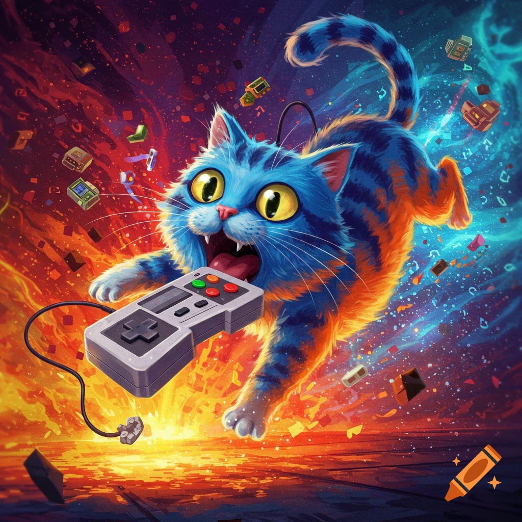 A wide-eyed blue and orange striped cartoon cat holds a retro game controller amidst an explosion of colorful energy.