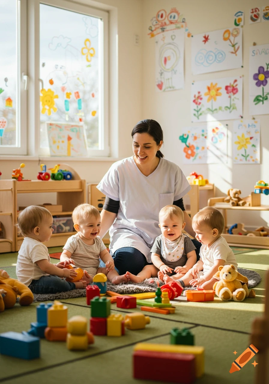 A smiling caregiver sits on a rug with four happy babies playing with colorful toys in a bright room with children's drawings on the walls.