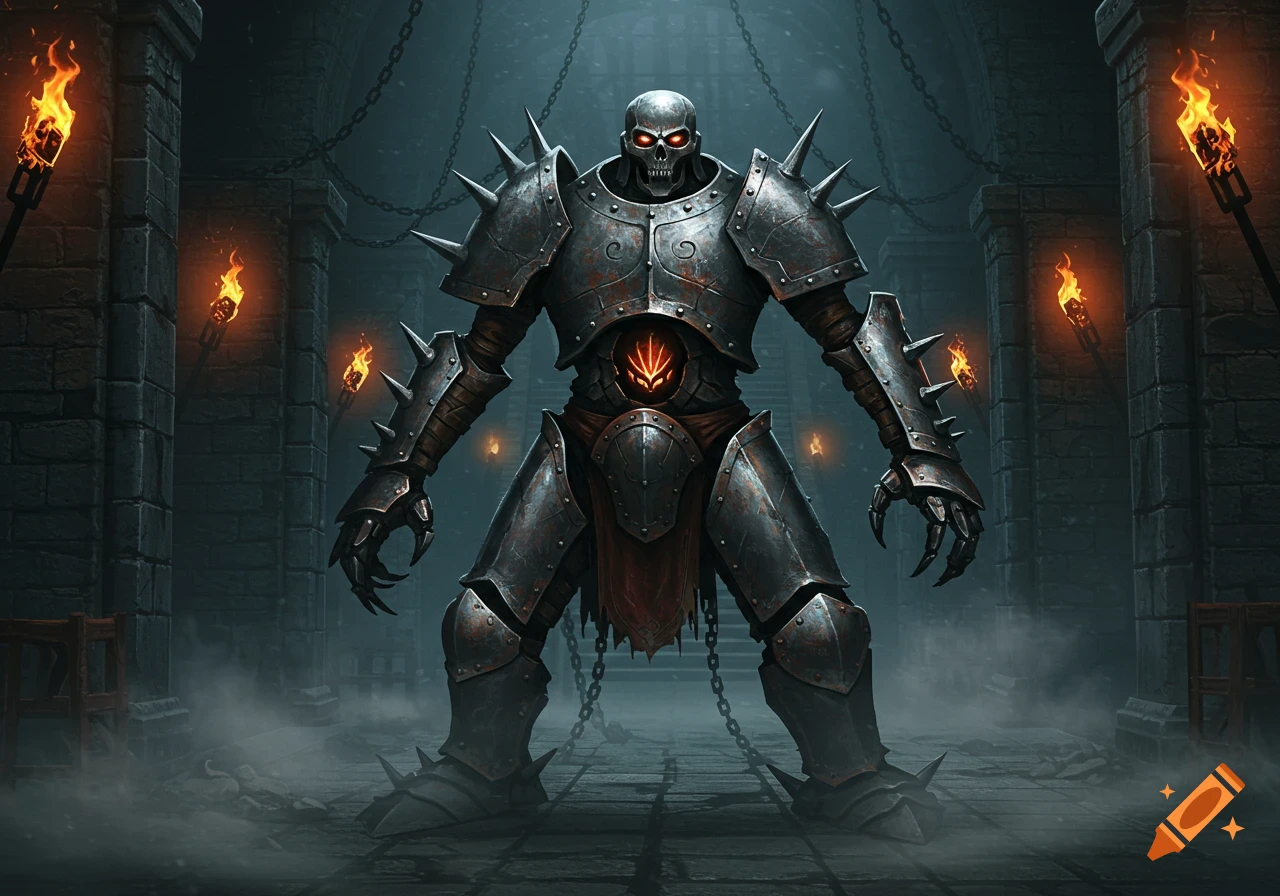 A menacing skeletal figure in spiked, rusted iron armor with glowing red eyes stands in a dark dungeon with torches and chains.