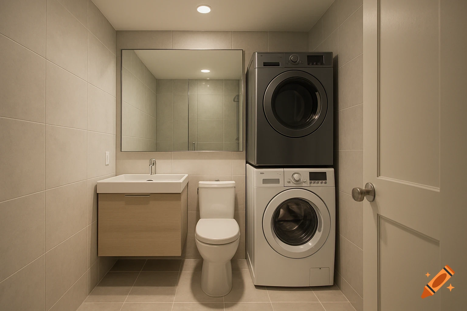 A modern washroom with light-colored tiles, featuring a stacked washer and dryer, a toilet, a wooden vanity with a white sink, and a large mirror.