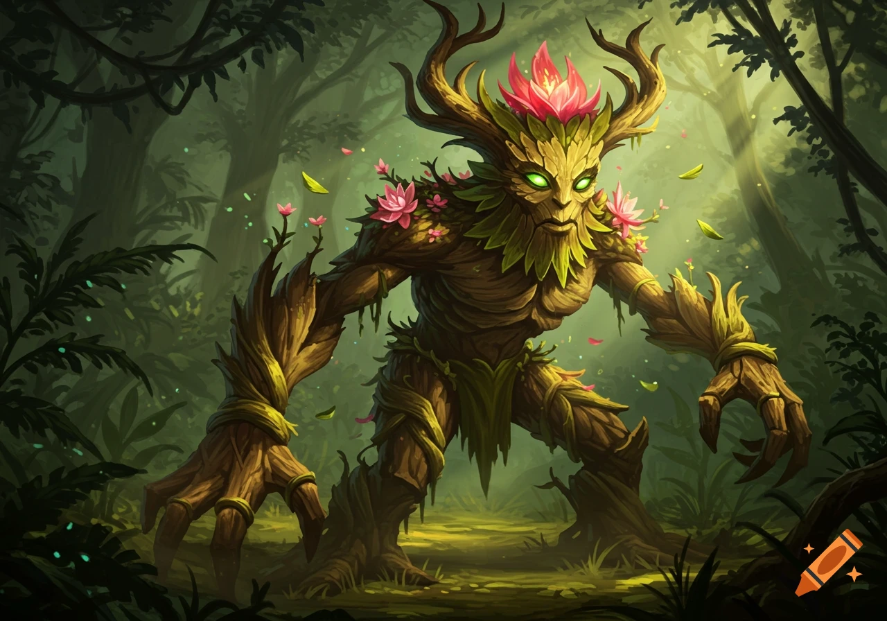 A detailed illustration of a fierce-looking plant creature with green eyes, leafy skin, and pink flowers, standing in a dark forest.