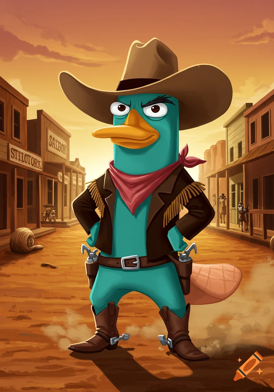Cartoon platypus in cowboy outfit in a dusty western town street at sunset.