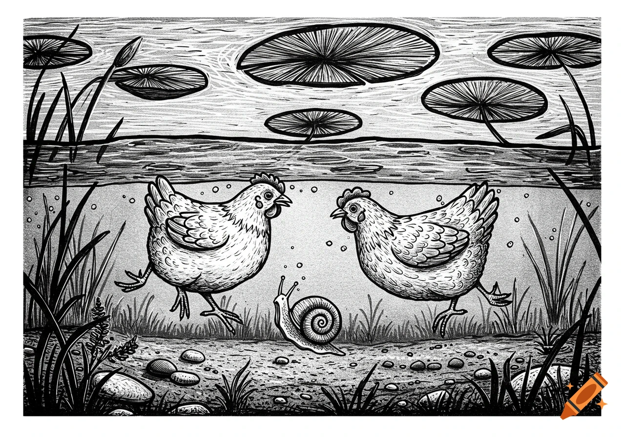Black and white linocut illustration of two chickens and a snail upside down under the water, with lily pads on the surface.