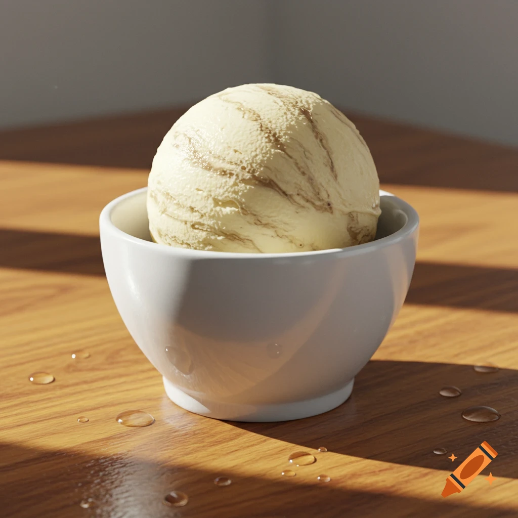 A scoop of vanilla ice cream with brown swirls in a white bowl on a wooden table with water droplets.