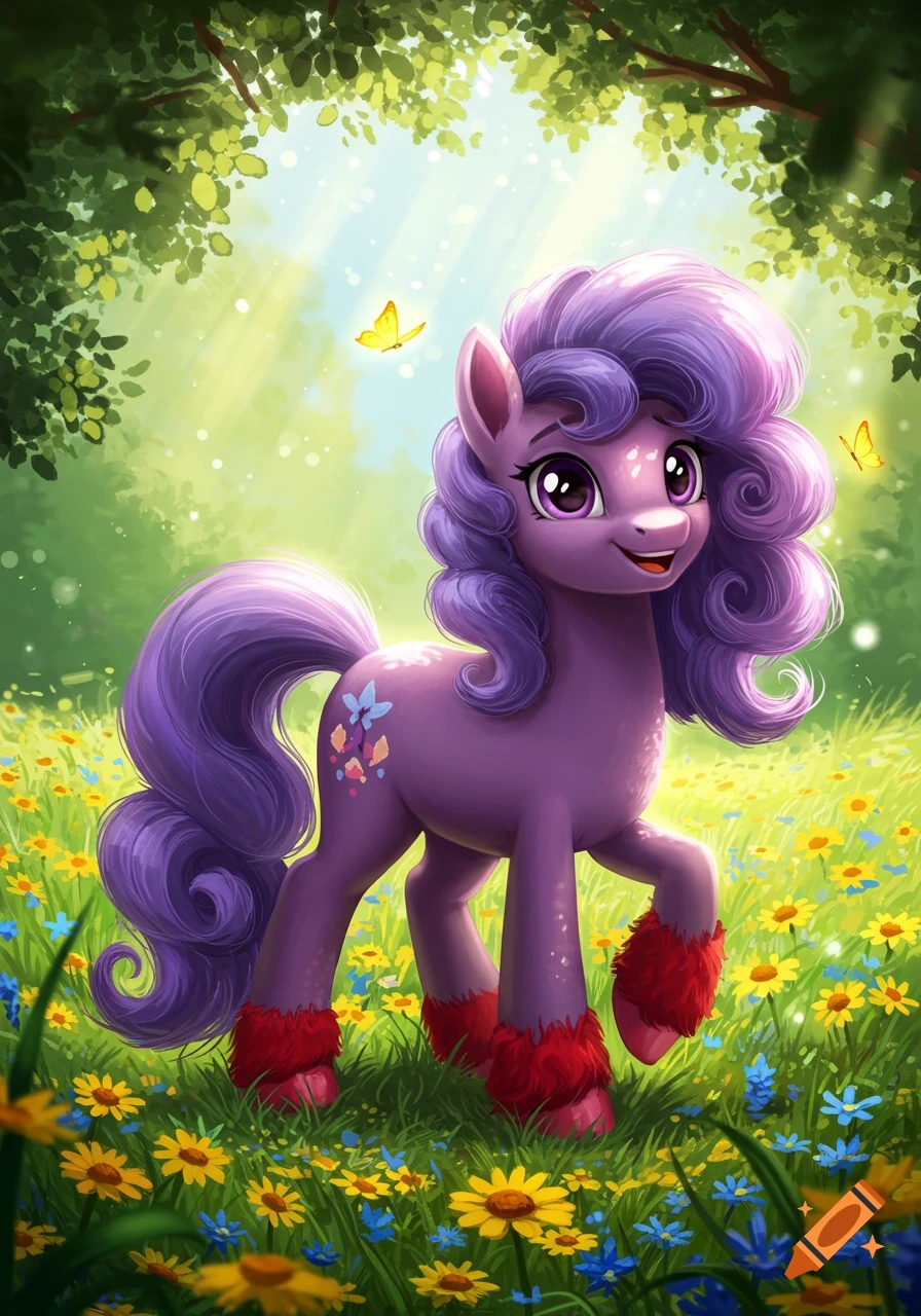 A cheerful purple pony with curly mane and red fuzzy hooves stands in a sunny, flower-filled meadow.