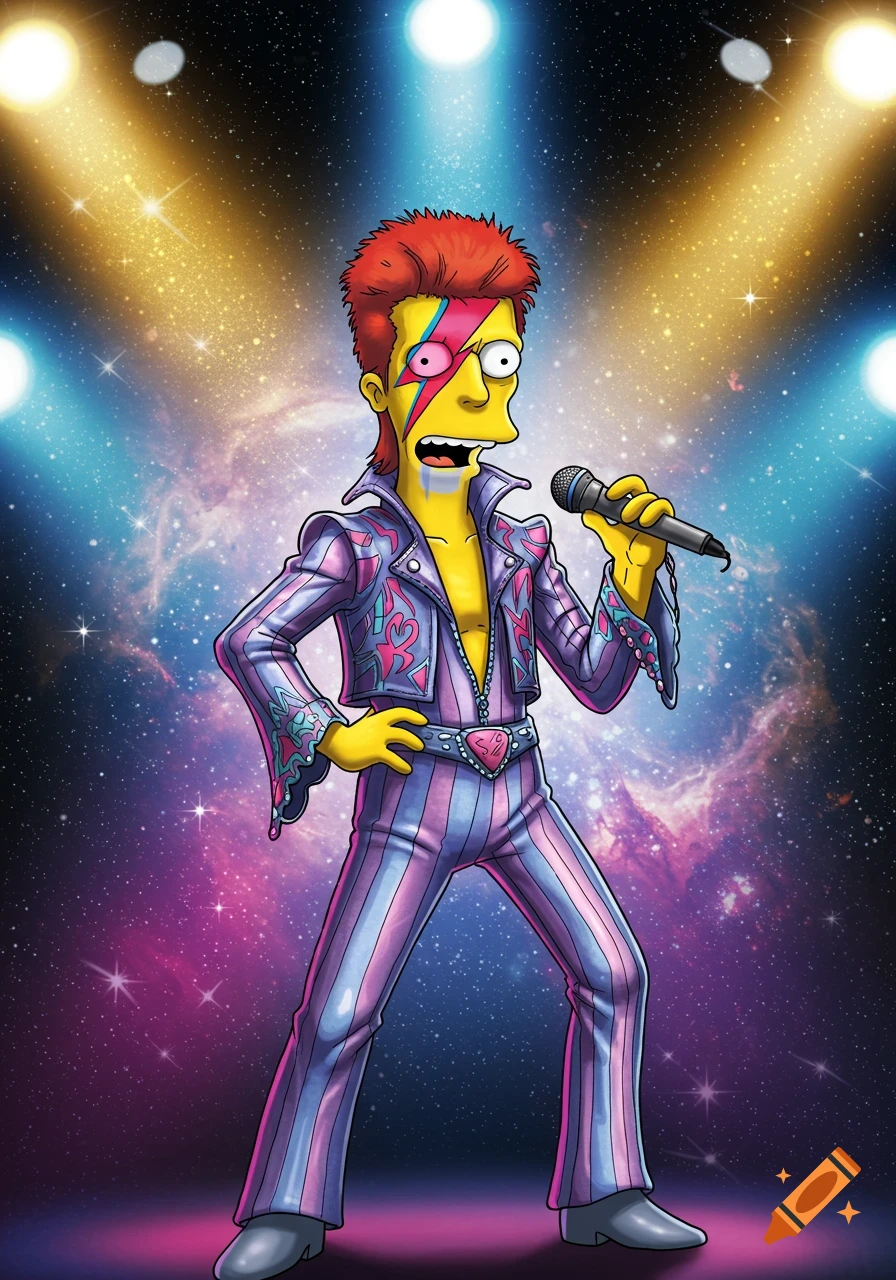 Cartoon Abe Simpson as Ziggy Stardust, in a striped jumpsuit, singing into a mic on a stage with spotlights and a galaxy background.