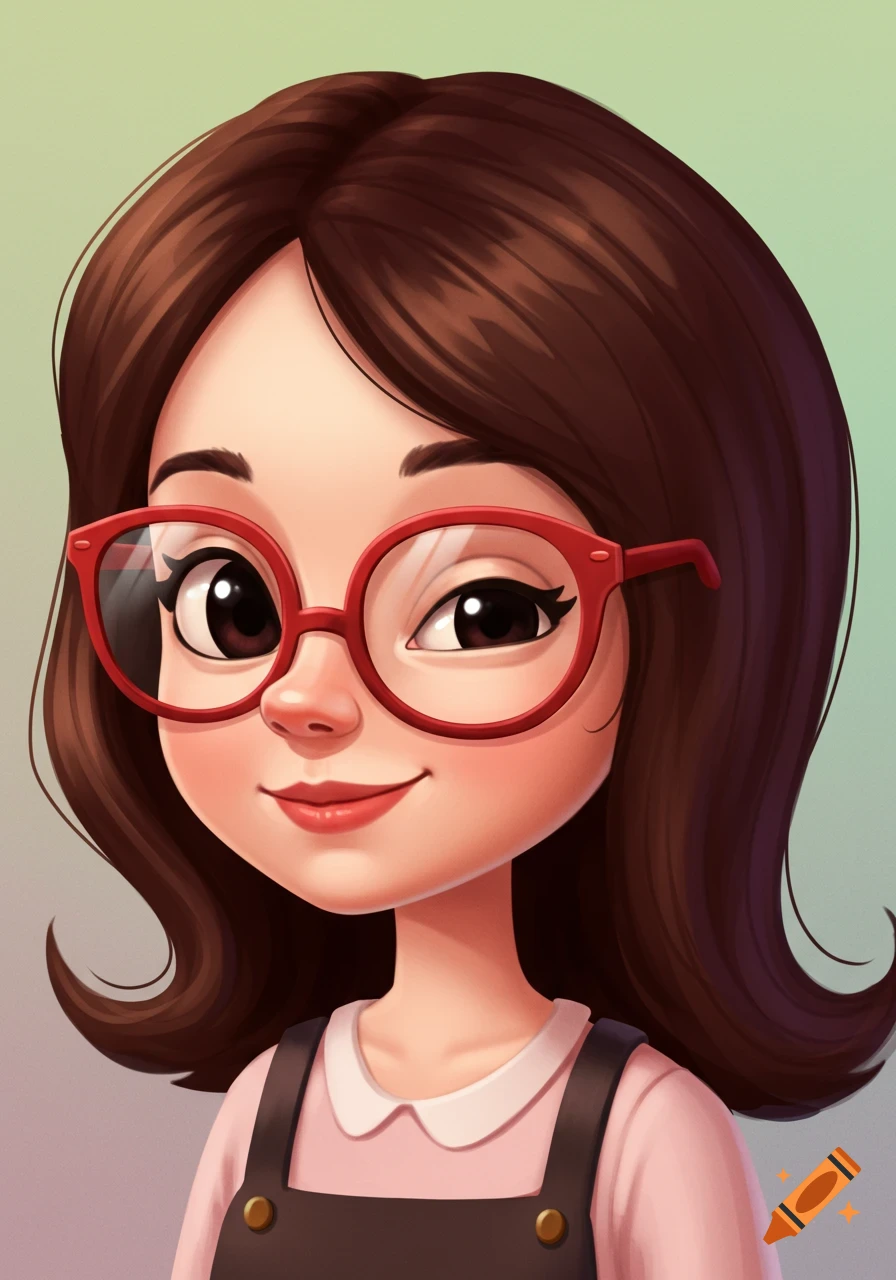 A closeup of a smiling cartoon woman with brown hair, red glasses, and a pink shirt with brown overalls.