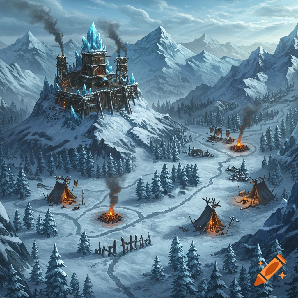 A fantasy winter landscape features a wooden fortress topped with glowing blue crystals on a snowy mountain, overlooking a valley with several encampments and bonfires.