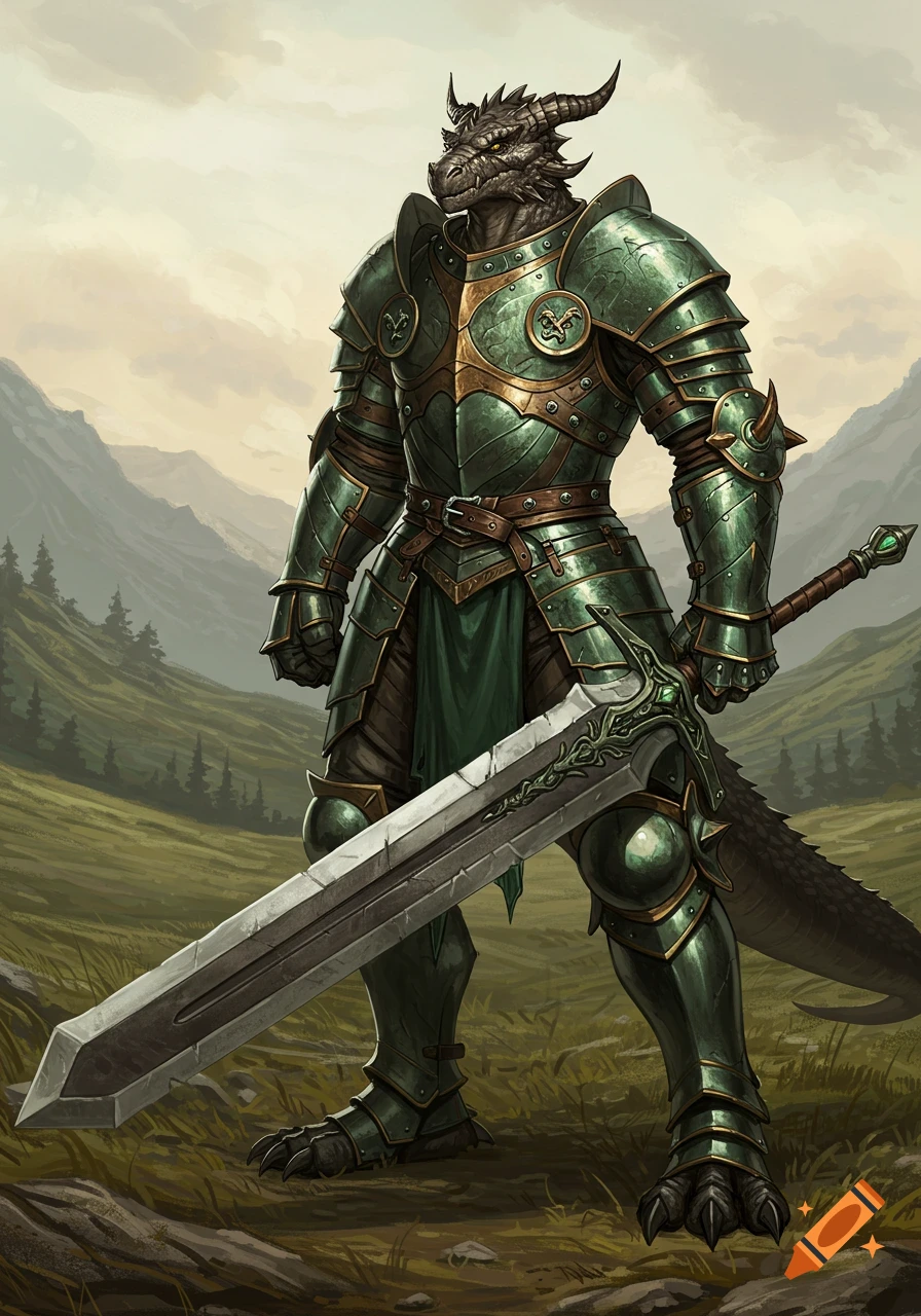 A mighty dragon knight in detailed green and gold armor stands in a grassy landscape, holding a huge greatsword.