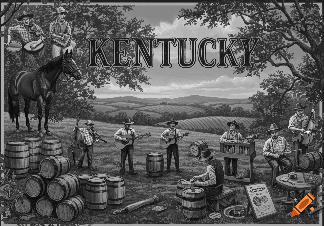 Black and white illustration of musicians playing instruments in a rural Kentucky landscape with a horse and bourbon barrels.