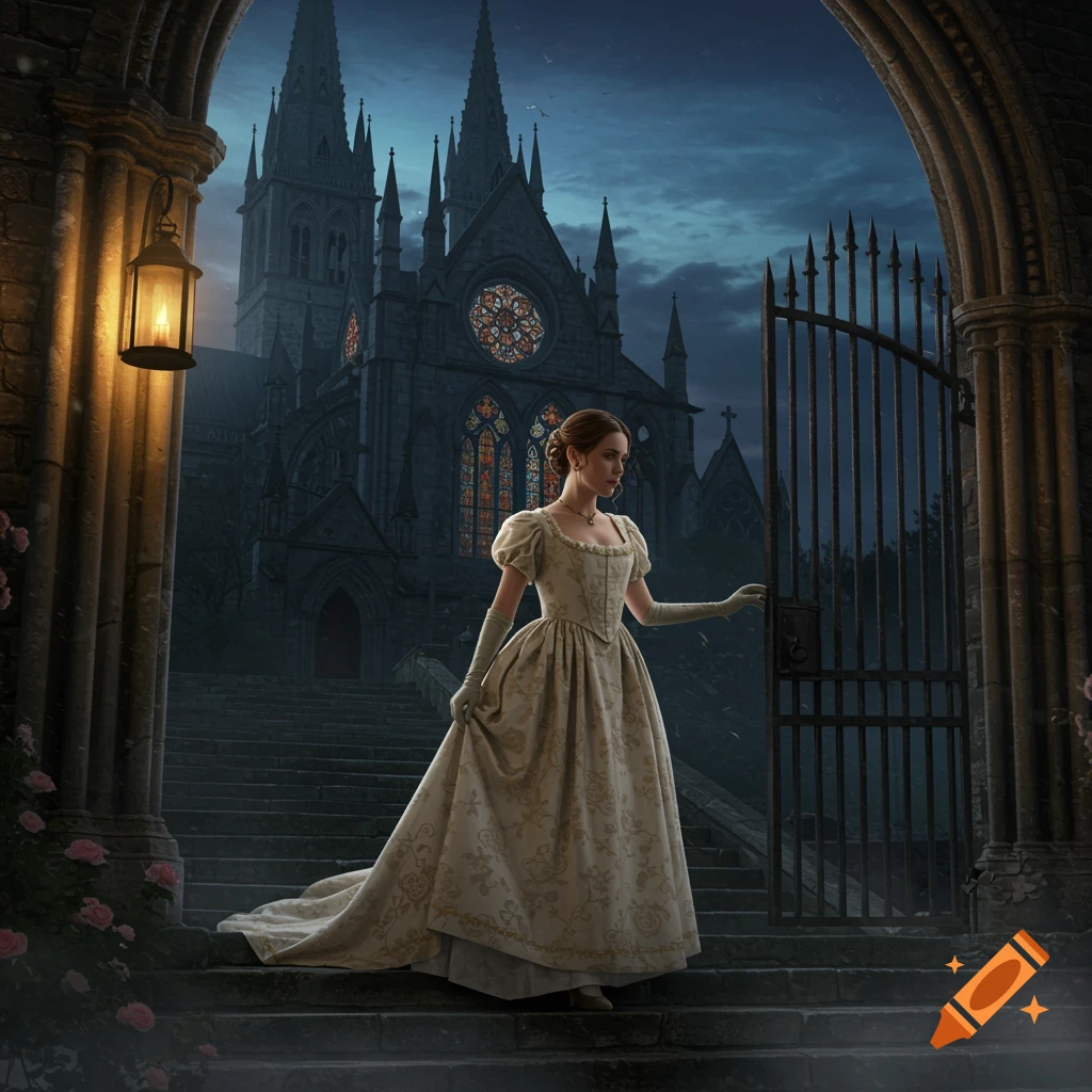 A woman in a regency-era dress walks up stone steps towards a gothic abbey gate at night, framed by an archway.