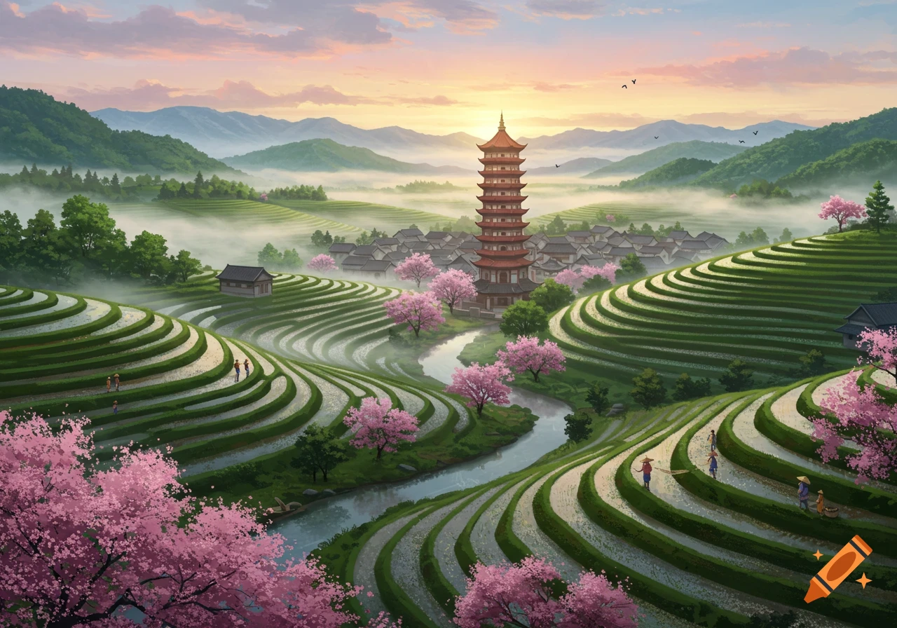 A serene Chinese village with a pagoda nestled among terraced rice paddies and cherry blossoms, under a sunset sky.