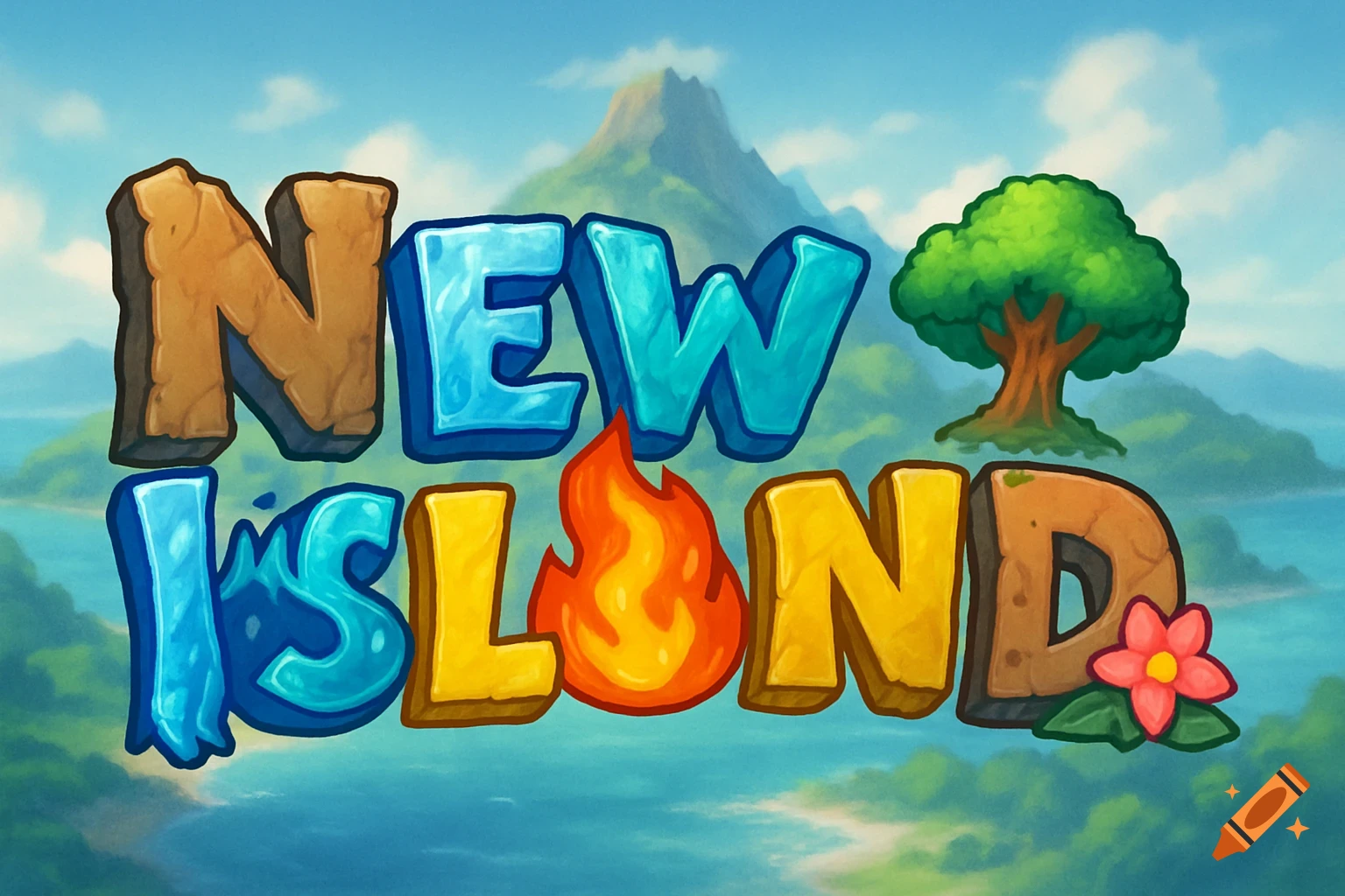 Stylized text 'NEW ISLAND' with a flame and a flower, set against a cartoon island landscape with mountains and water.