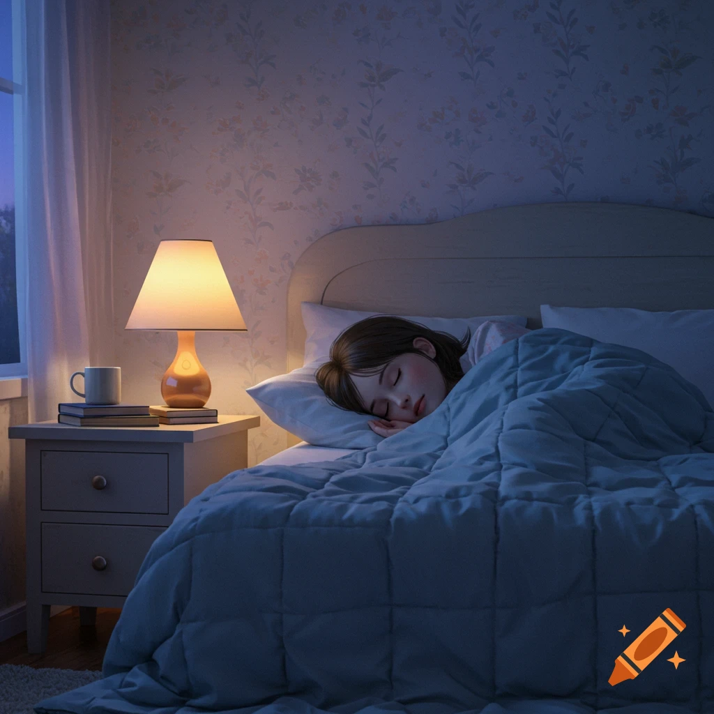 A young girl sleeps soundly in a cozy, dimly lit bedroom, with a lamp casting a warm glow on the nightstand.