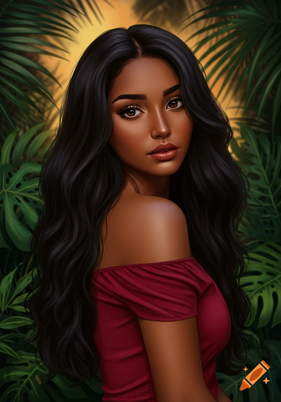 Stylized portrait of a dark-skinned woman with long black hair in a red top, surrounded by tropical foliage.